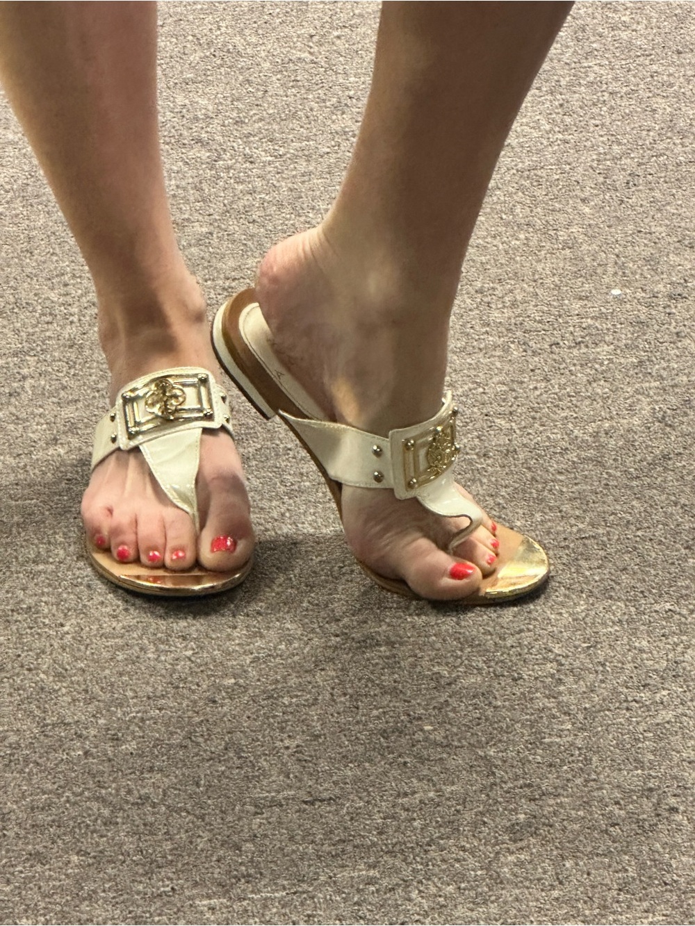 Gold-Trim Cream Leather Thong Sandals
